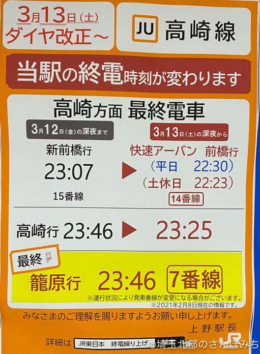 2021年ダイヤ改正(上野駅終電)